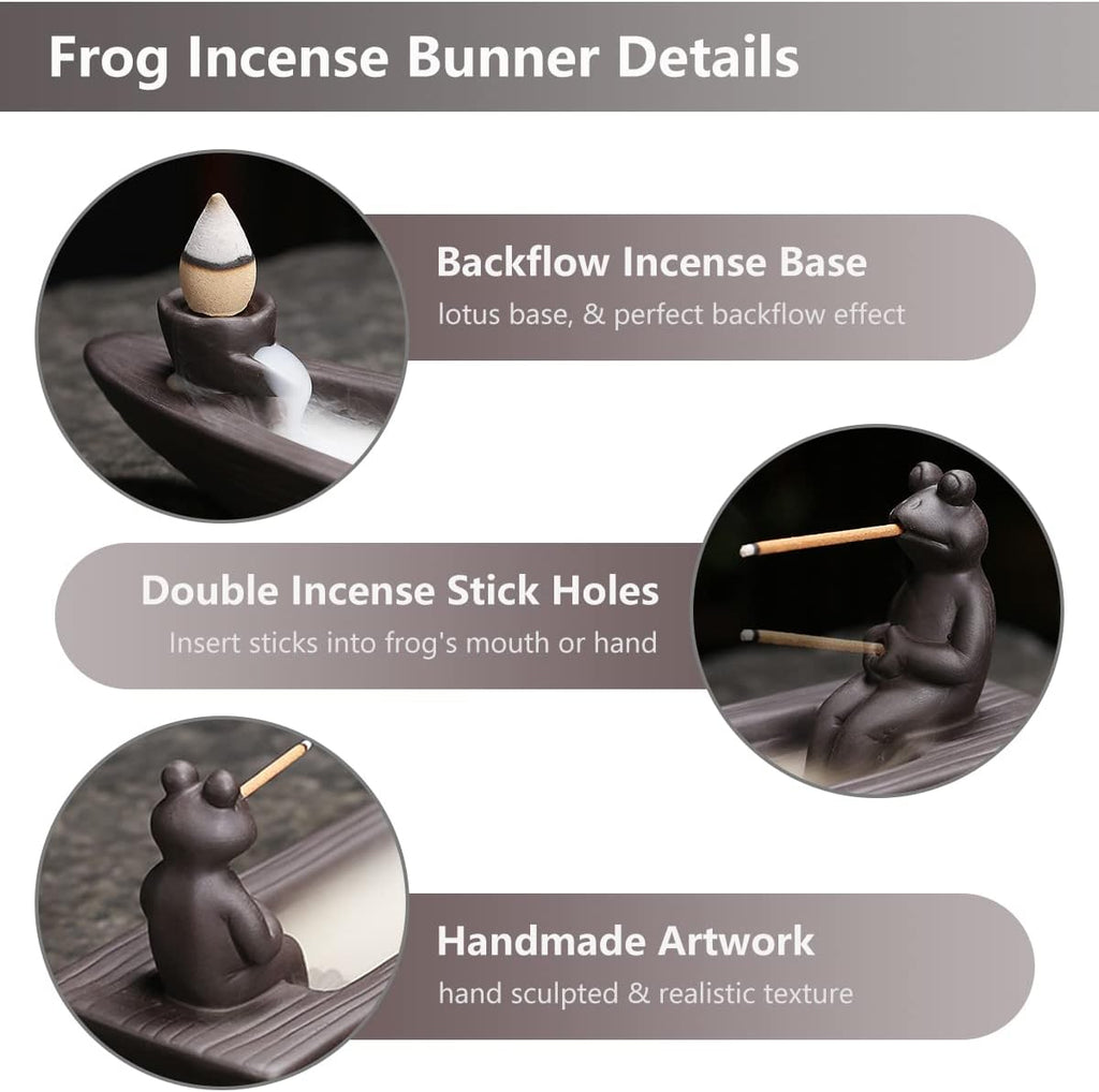 Frog Incense Holder Waterfall - Ceramic Cone Backflow Incense Burner Smoke Fountain, Back Flowing Incense Diffuser - Set of 54