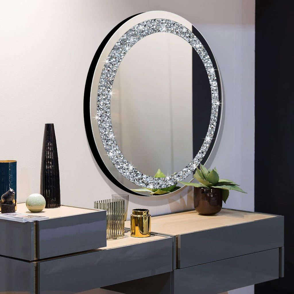 Round Wall Mirror 28x28 inch Crystal Crush Diamond Decor Decoration Silver Mirror.