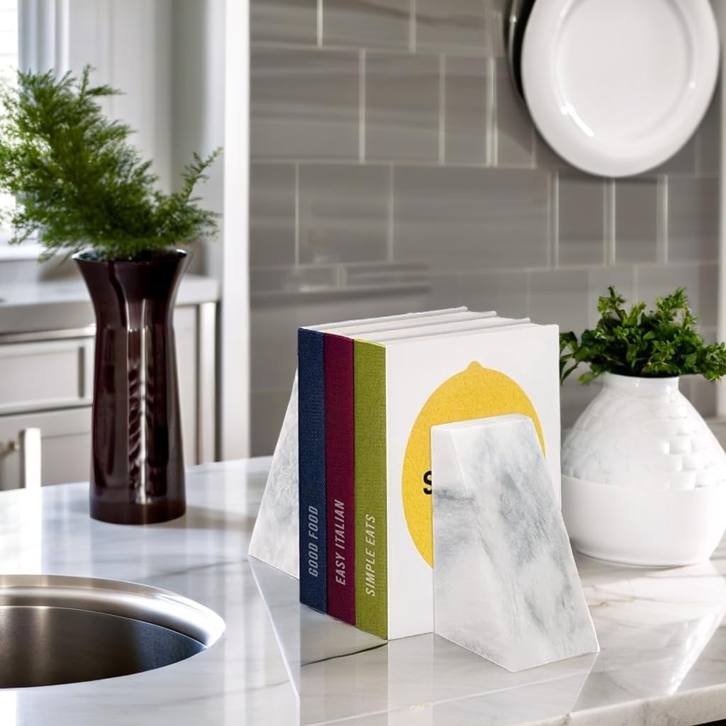 Polished Heavy Stone Marble 6" Book Ends for Bookshelf Decor, Home, Office or Kitchen Shelves. Heavy, Triangular, and