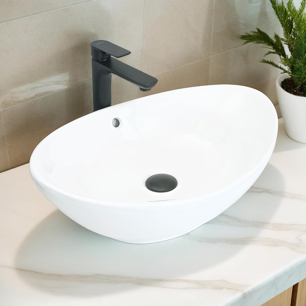 VIDA 23×15.2×7.7 inch Bathroom Vessel Sink, Modern Egg Shape Vanity Sink Above Counter Art Basin with Overflow