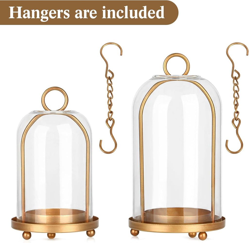 Vintage Brass Metal Candle Lantern with Thick Glass Dome - Set of 2 Shabby Chic Style Candle Holders (5.25"x10" &