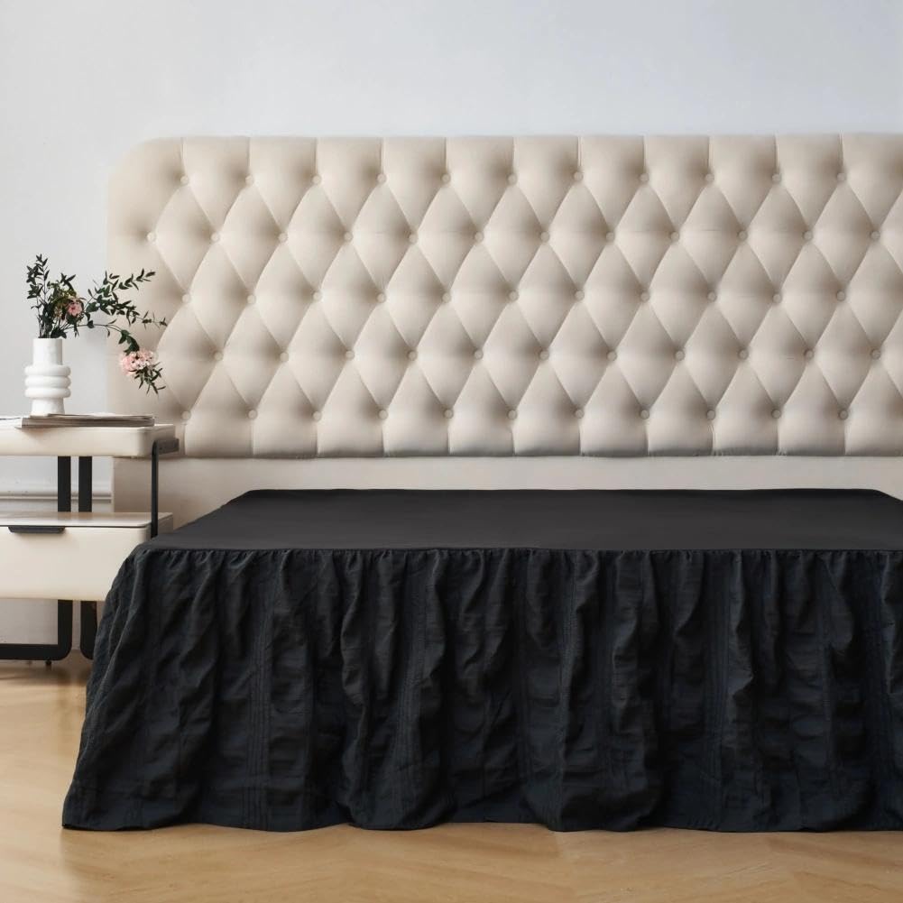Bed Skirt, Crinkle Textured Stripe Bed Skirt with Platform, Black