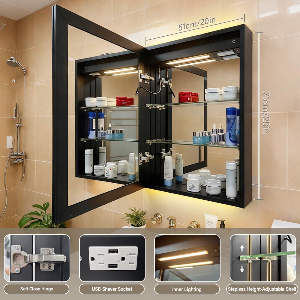 Aluminum Medicine Cabinet with Light,Stepless Glass Shelf,3 Colors Temperature,Dimmer,Backlit Lighting,Internal