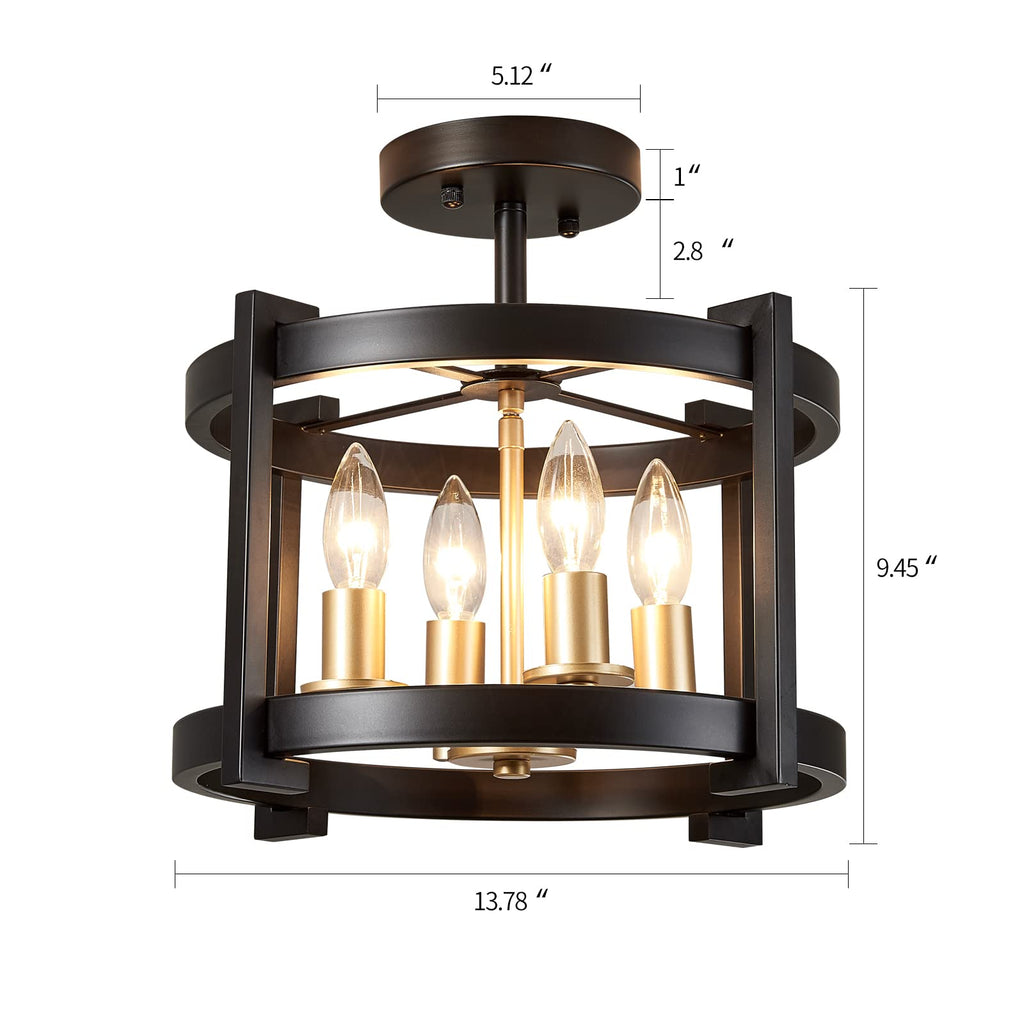 4-Light Semi Ceiling Light Flush Mount BK+GD Farmhouse Rustic Vintage Antique Ceiling Light Fixture Entryway Gazebo