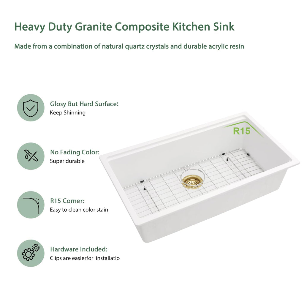 33 Inch White Undermount Kitchen Sink Workstation Granite Composite Quartz Single Bowl Undermount Sinks Large Deep