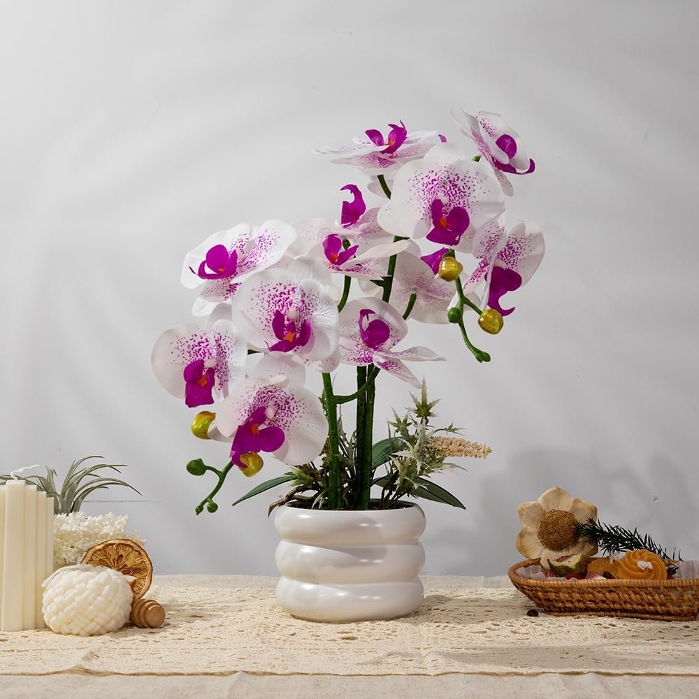 Artificial Orchids Flowers with Vase for Table Centerpieces, Real Touch Faux White Orchid Phalaenopsis in Ceramic
