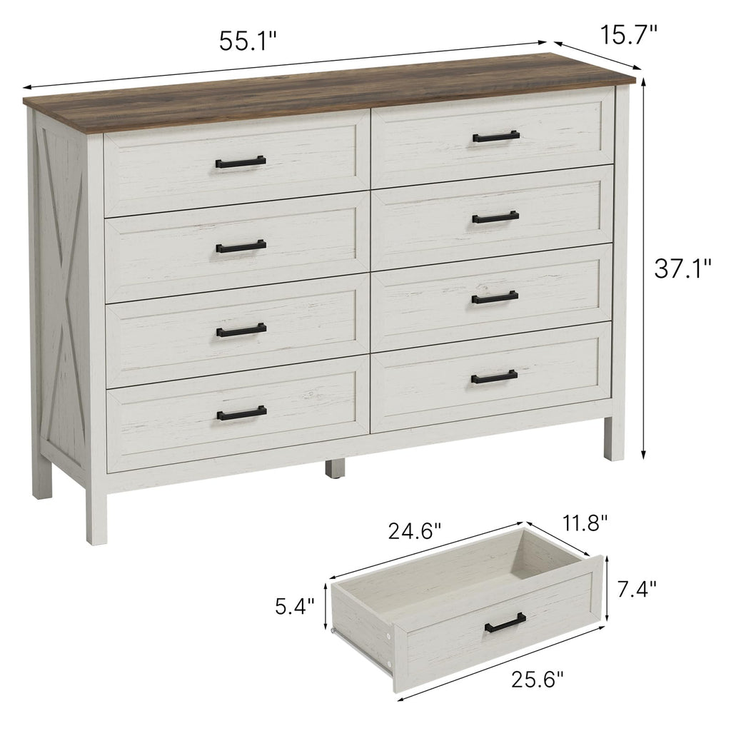 Farmhouse 8 Drawer, 55 Inch Wide Wood Rustic Chest of Drawers with X-Marking & Bar Handle, Large Storage Dressers