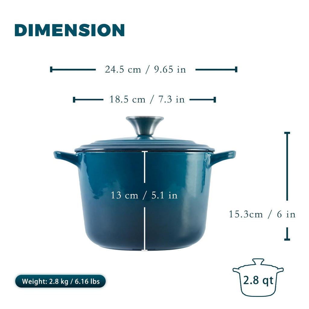 Dutch Oven Pot with Lid 2.8 Qt Cast Iron Dutch Oven for Bread Baking, DarkCyan Enameled Cast Iron Soup Pot, Small