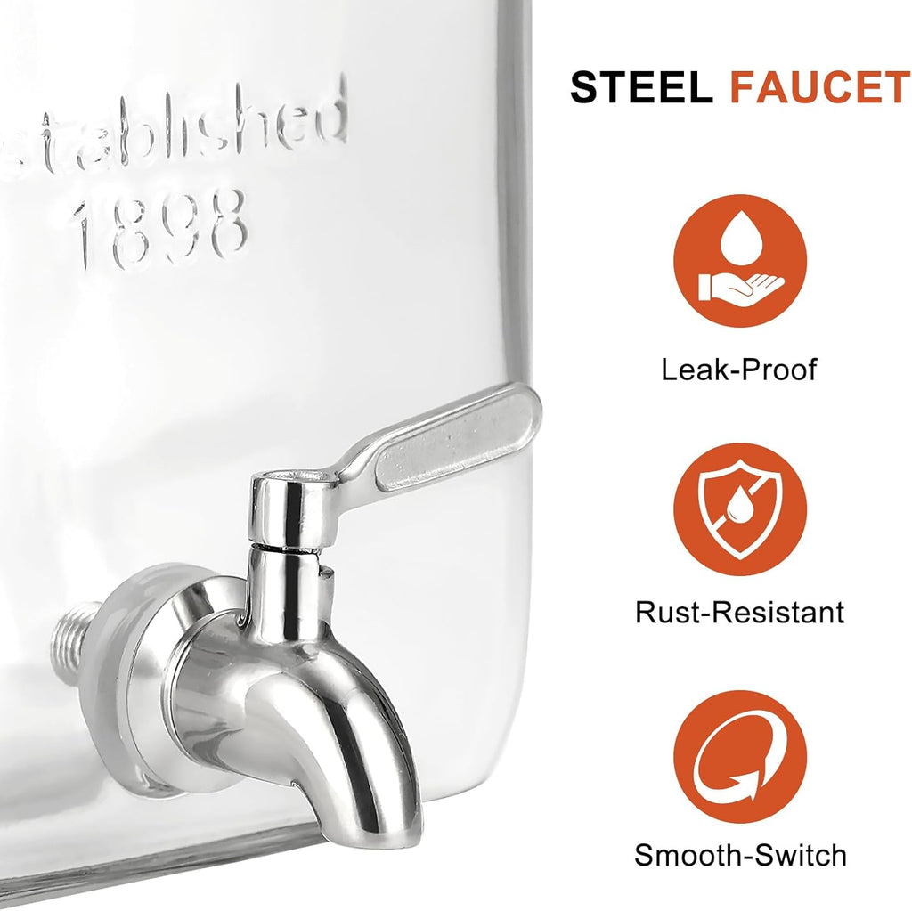 2 Gallon Glass Drink Dispenser with Stand, Stainless Steel Leakproof Spigot and Lid, for Parties, Water Beverage