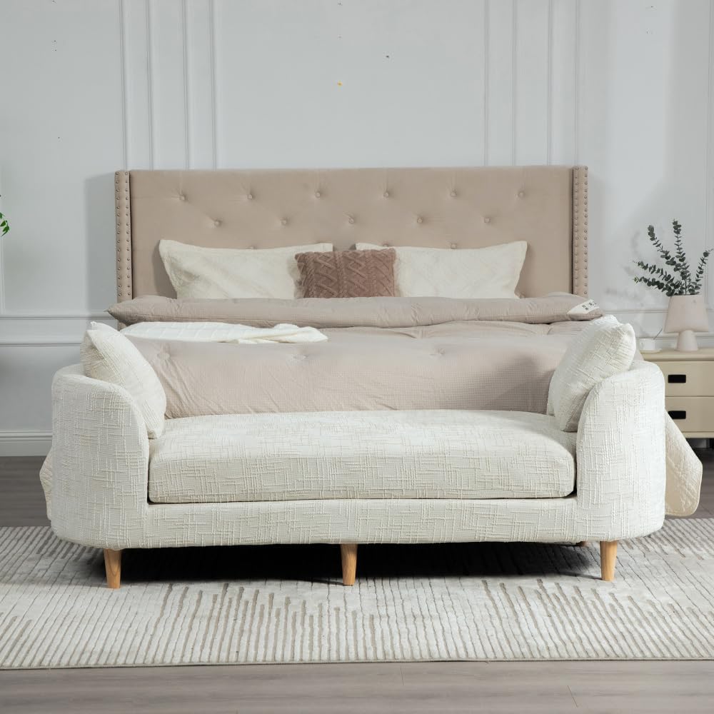 77.2" Chenille End of Bed Bench Chaise Lounge, Upholstered Bedroom Bench with Arms & Bolster Pillows, Rubberwood Legs