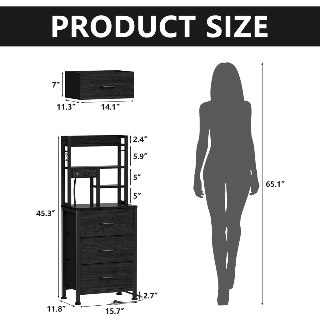Black Nightstand with Bookshelf, Tall Bedside Table & Night Stand