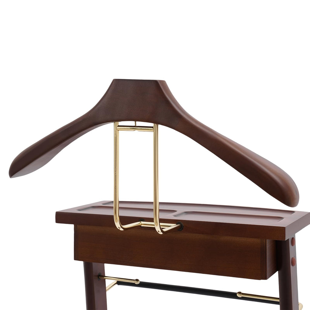 Wooden Valet Stand, Clothes Valet Stand for Men Freestanding Suit Clothes Valet with Drawer, Tray, Contour Hanger