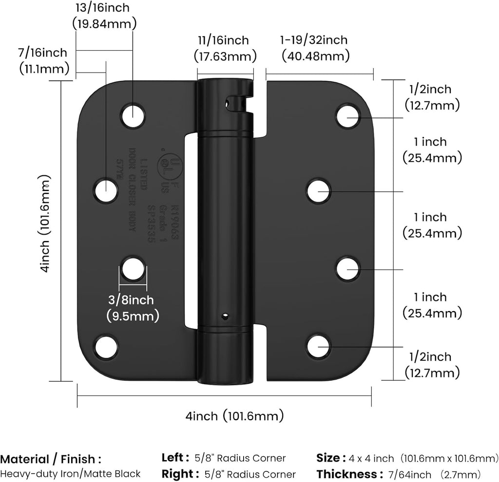 3 Pack Self Closing Door Hinges 4 Inch Black Spring Hinge with 5/8" Radius Corner Adjustable Tension for Residential