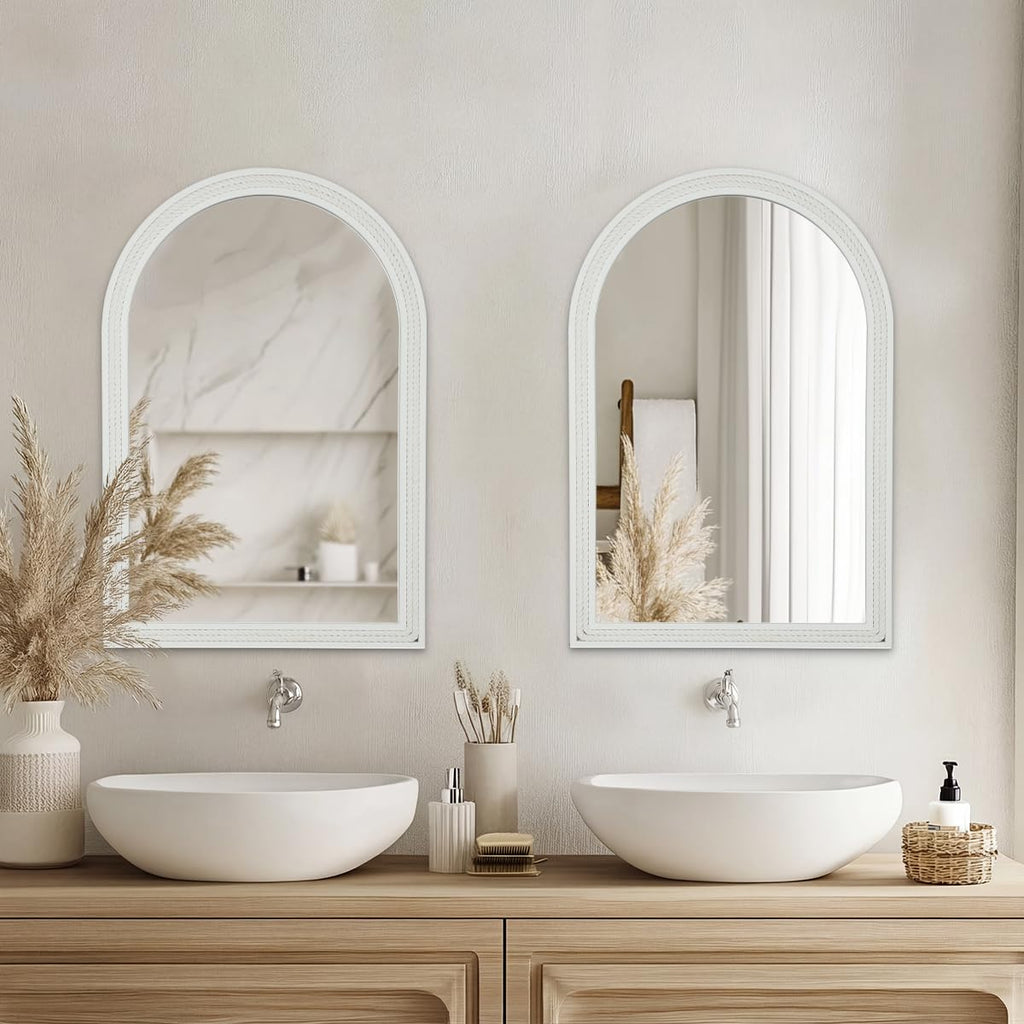 Arched Vanity Mirror for Wall, 30"x20" Nautical Theme Boho Rustic Farmhouse Mirror with Wooden Frame, Decorative Rope