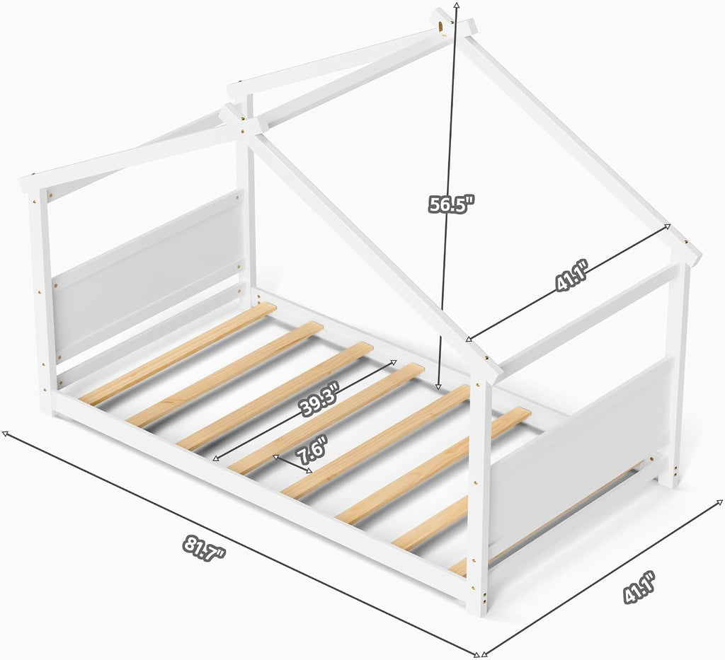 Montessori Floor Bed Frame, Solid Wood Kids House Bed Without Rails, Open Concept Toddler House Bed with