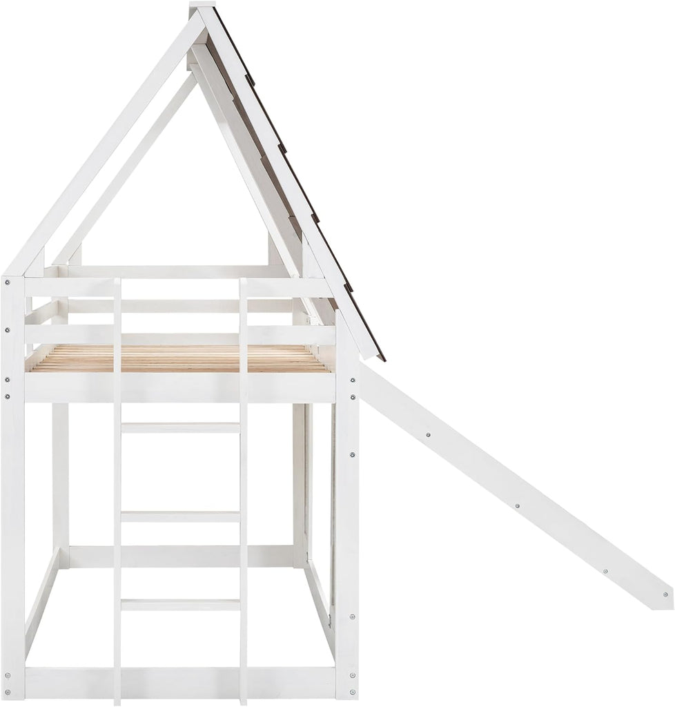 Twin Over Twin House Bunk Bed Frame with Roof,Window,Ladder and Slide for Boys Girls, White & Brown
