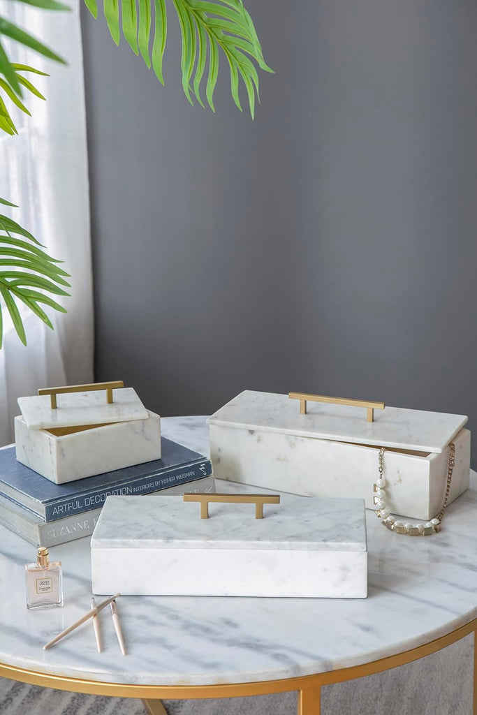 White Marble Rectangular Box with Brass Handle, Contemporary Accent Box, Storage Box, Removable Lid, 14.5" x 7"