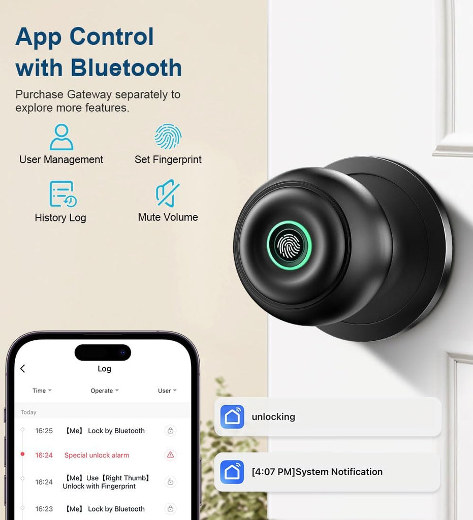 Fingerprint Door Lock, Smart Fingerprint Door Knob with Lock, Matte Black