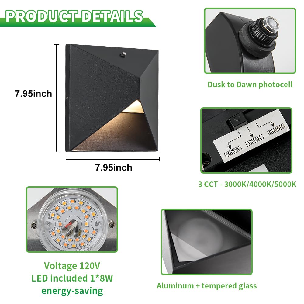 Outdoor Light Fixtures Wall Mount Dusk to Dawn, Porch Lights with 3 Lighting Mode(3000K/4000K/5000K), Waterproof