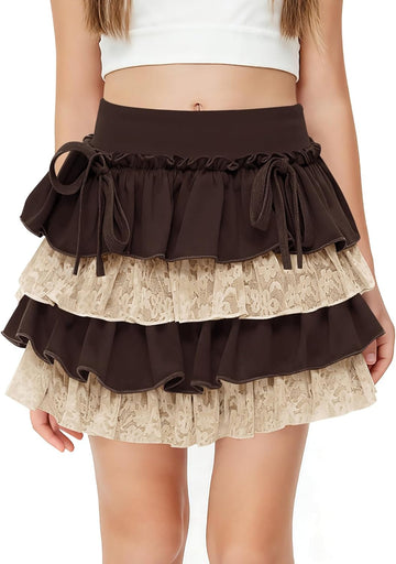 Girls Ruffle Tiered Mini Skirt Kids Cute Bowknot Lace Trim Lolita Skirts with Shorts