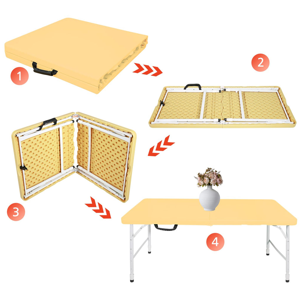 Portable 4Ft Folding Table, Heavy Duty Plastic Fold-in-Half Utility Foldable Table, Adjustable Height Plastic Folding