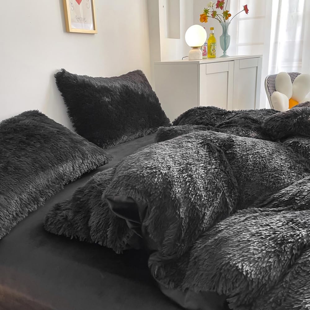 Faux Fur Plush Black Comforter Sets King - Ultra Soft Shaggy Flannel Velvet Fluffy Fuzzy 3PC Bedding Set (Comforter x