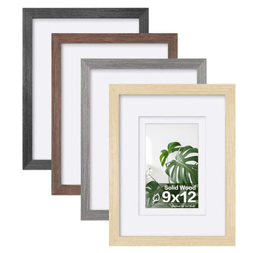 9x12 Picture Frame Set of 4, Made of Solid Wood Multicolor Photo Frames Covered by Plexiglass 5x7 and 6x8 with Mat or