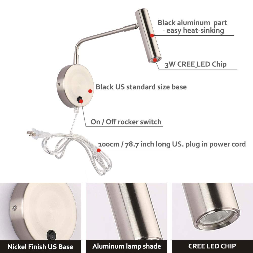 Wall Mounted Lamp, Sconce Light with Plug in Cords Wall Reading Light with Switch Bedroom Warm White
