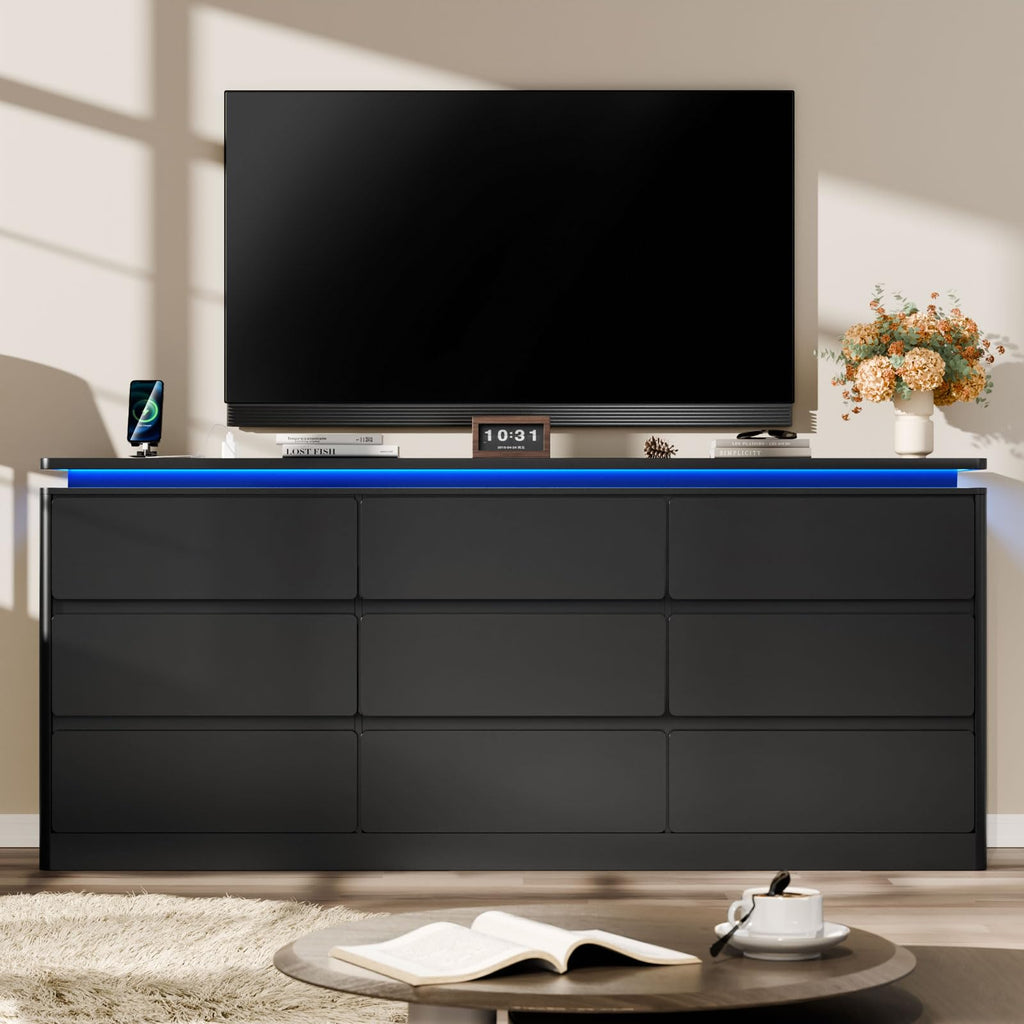 9 Drawer Dresser, 62.99" Long Black Chest of Drawers w/LED Light