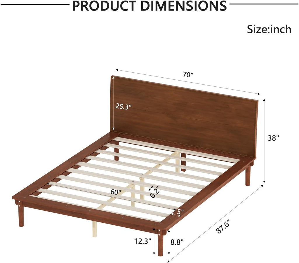 Queen Size Japanese Wooden Bed Frame with 38 inch H Walnut Headboard