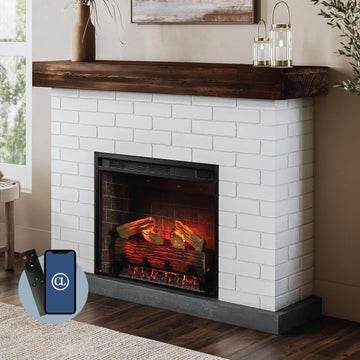 Jackson Fireplace Mantel Package, WiFi Enabled 28" Fireplace Insert, White Brick Mantel Surround, Alexa/WiFi Enabled