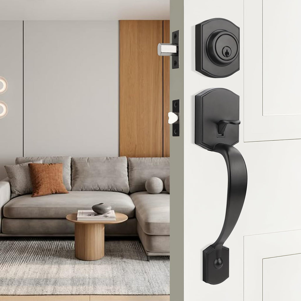 Front Door Lock Set Black Front Door Handle Set, Entry Door Locksets with Deadbolt Single Cylinder Front Door Handle