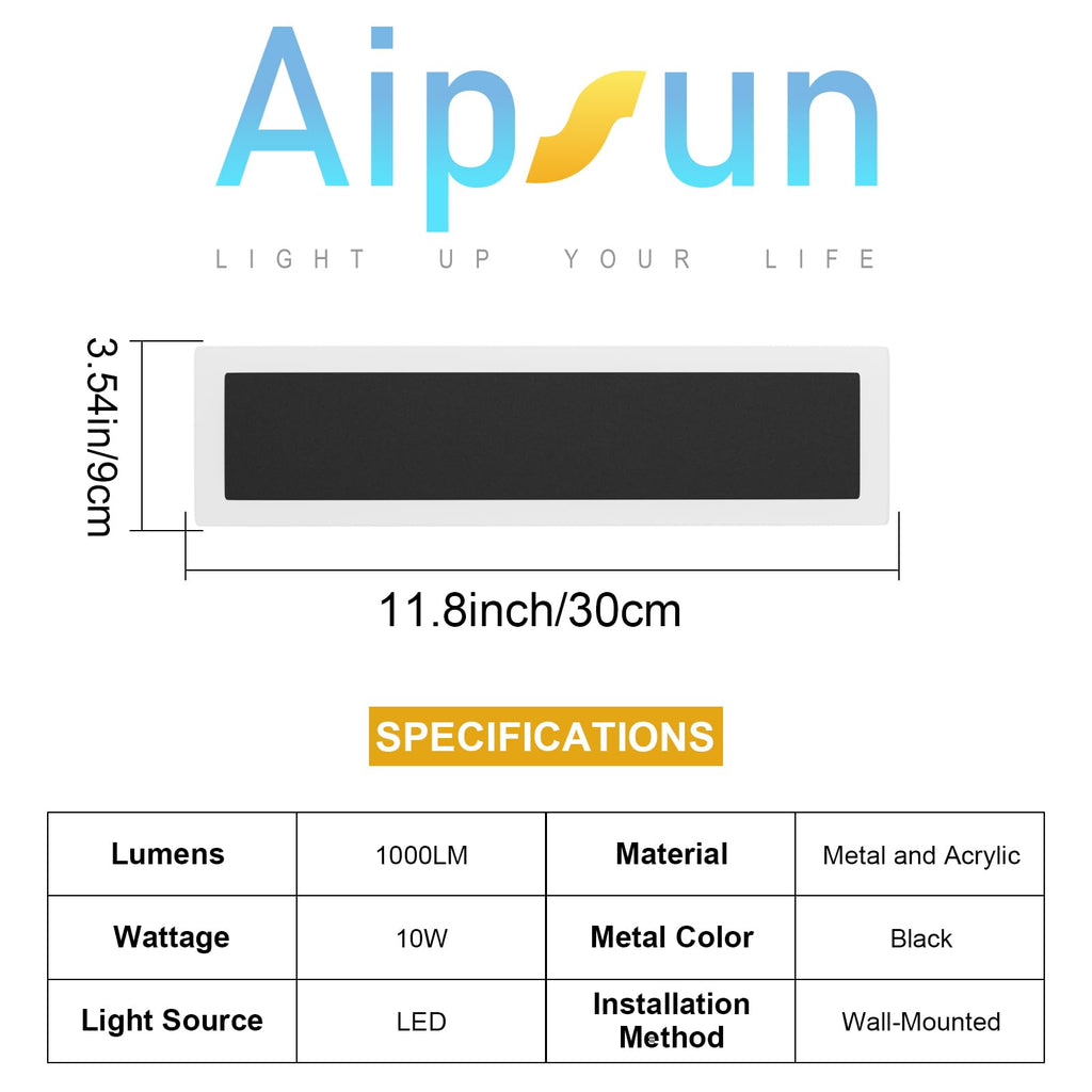 2 Pack Modern Black LED Outdoor Wall Light, 11.8x3.54x1.73 inches, 10W, 1000 Lumen, Warm Light, Waterproof IC Driver
