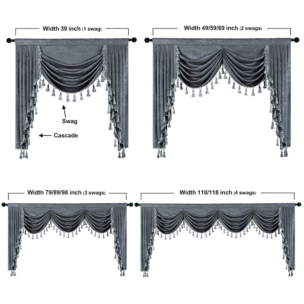 Grey Chenille Curtains Valance Window Waterfall Valance, Rod Pocket (W39 Inch, 1 Panel)