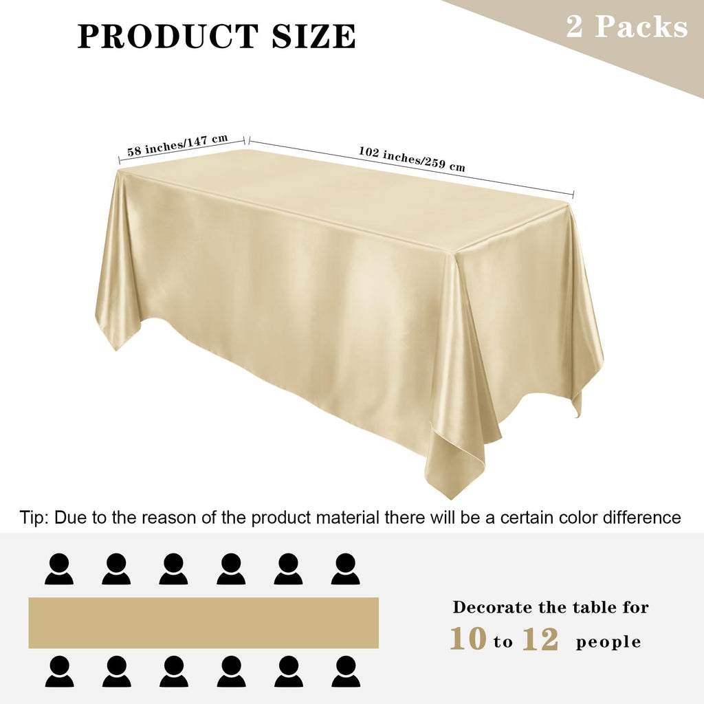 2 Pack Satin Rectangular Tablecloth, 102 x 58 Inches, Champagne