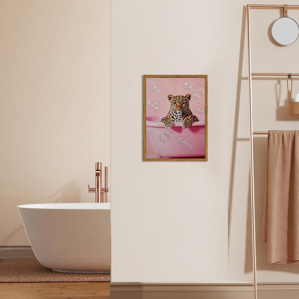Funny Cheetah Bathroom Wall Art, Pink Leopard in Bathtub Wall Decor Paintings, Cute Animal Bathroom Poster Canvas