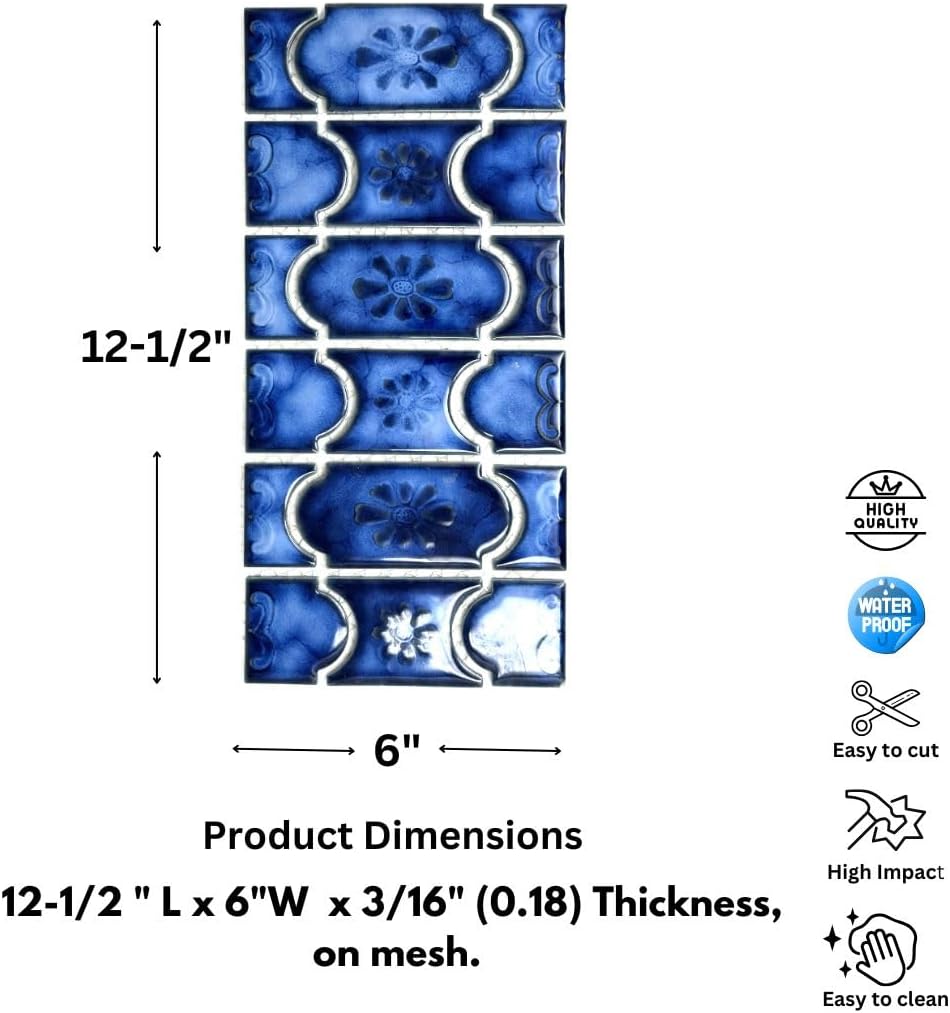 Marble Royal Blue Glossy Porcelain Mosaic Tile on 6x12 Mesh for Pool, Bathroom, Shower, Kitchen Backsplash, Accent