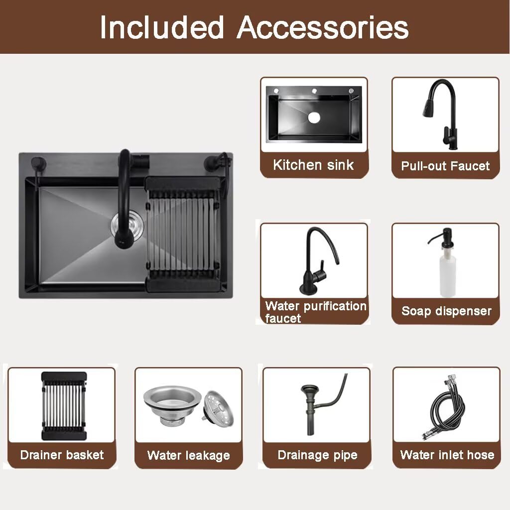 Black Drop Sink, Stainless Steel Single Bowl Sink with 3 Holes, Topmount Workstation Sink, Farmhouse Rectangle Basin