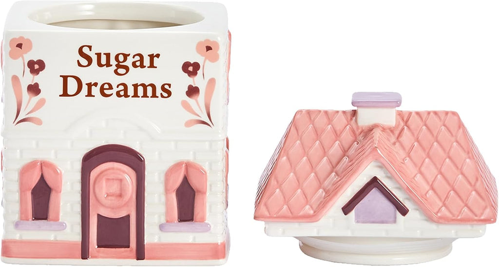 Spice Cottages 7.5-Inch Pink Ceramic Cookie Jar, Hand-Painted House-Shaped Airtight Container for Cookies, Treats &