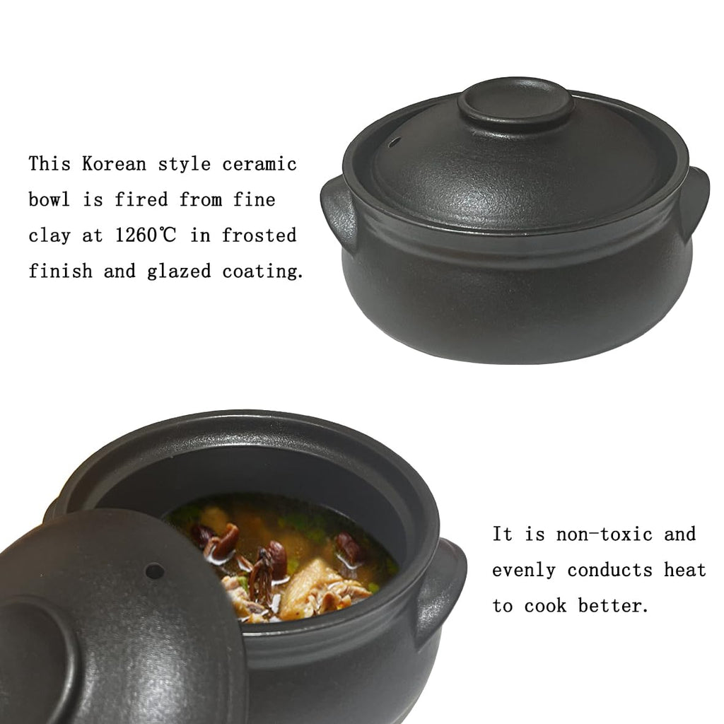 Korean Premium Stoneware Black Casserole Clay Pot with Lid, For Cooking Hot Pot Dolsot Bibimbap and Soup .(1100ml)