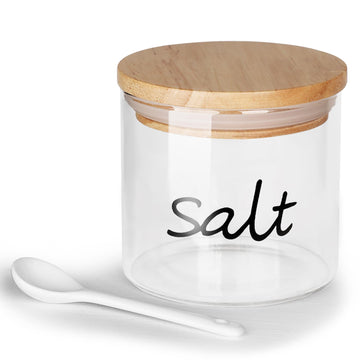 Clear Glass Salt Bowl with Spoon and Silicone Sealing Lid, Farmhouse Kitchen Countertop Canisters, Container Jar