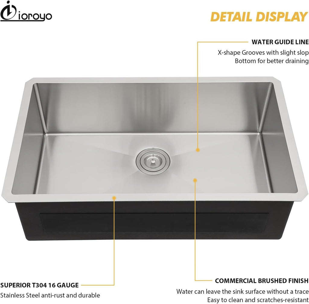 32 Inch Undermount Kitchen Sink 32x19 Undermount Sink | Stainless Steel Single Bowl Kitchen Sink 16 Gauge Under