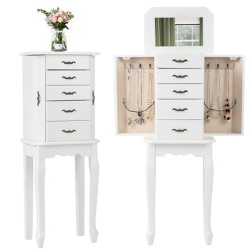 Standing Jewelry Armoire with Flip Top Mirror, Top Storage Tray, 4 Drawers, 2 Side Doors with Necklace Hooks, Vintage