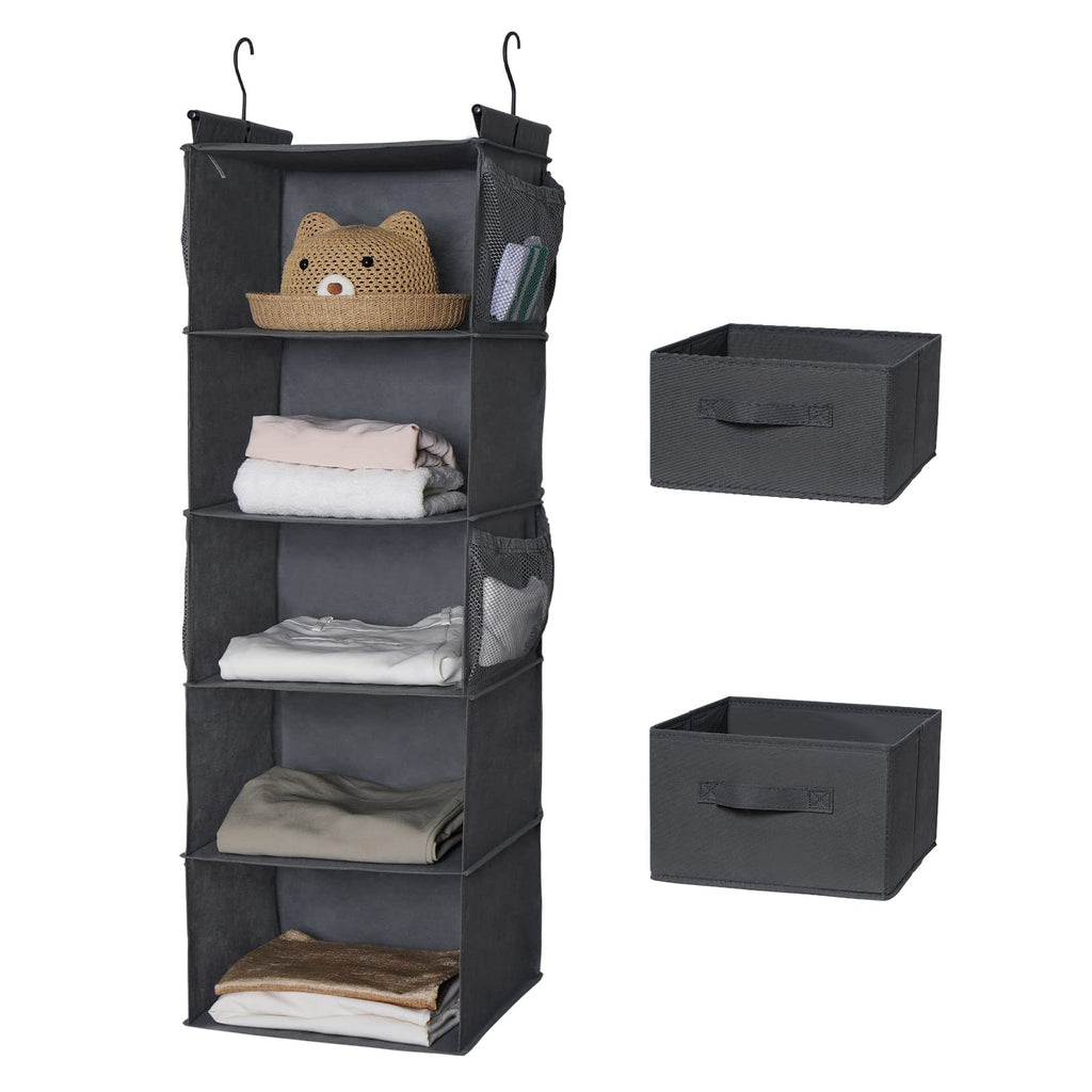 5 Tier Shelf Hanging Closet Organizer, Cloth Hanging Shelf with 2 Sturdy Hooks for Storage, Foldable (Grey-D2)