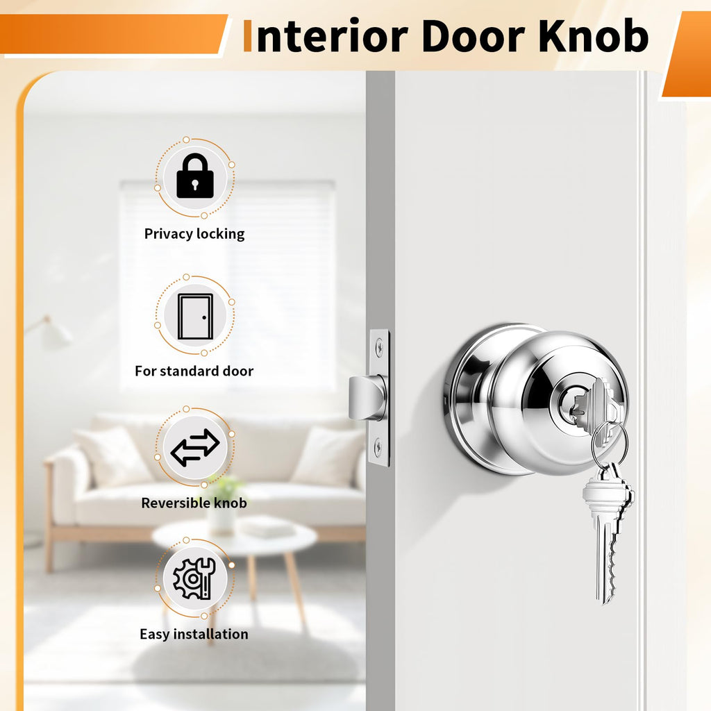 Door Knobs Polished Chrome Finish, Exterior Interior Entry Door Lock with Same Key, 6 Pack Entrance Door Lock Set