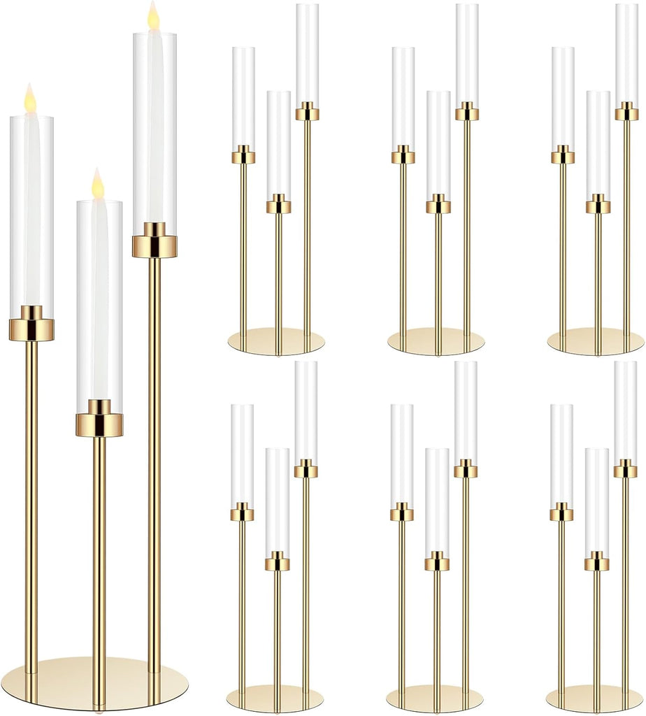 6 Set Wedding Gold Candelabra Centerpieces for Tables, 3 Arm Tall Acrylic Candle Holder Centerpiece with Clear Shades