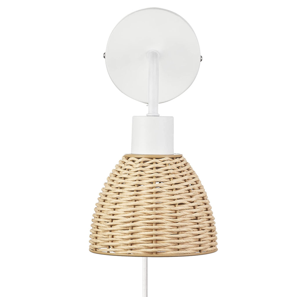 Briar 1-Light Plug-in or Hardwire Wall Sconce, Matte White, Rattan Shade, 6ft White Braided Fabric Designer Cord