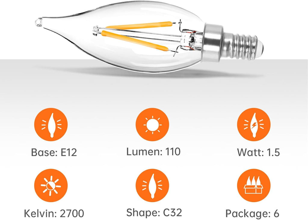 6x1.5 Watt LED Warm White Ceiling Fan Light Bulbs 20W Equivalent C32 Chandelier Light Bulbs Bright and Lasting 110