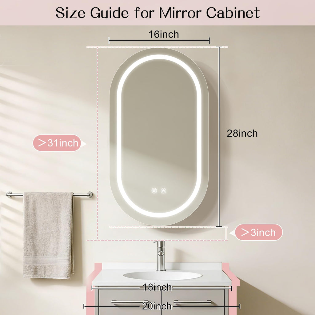 Oval Medicine Cabinet with Light, LED Medicine Cabinet, USB Shaver Socket, Internal Light, Steel with Powder Coating, Soft
