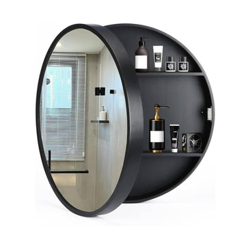 Medicine Cabinet Bathroom Space Saver Storage Round Cabinets with Mirror Surface Wall Mounted Solid Wood Circular